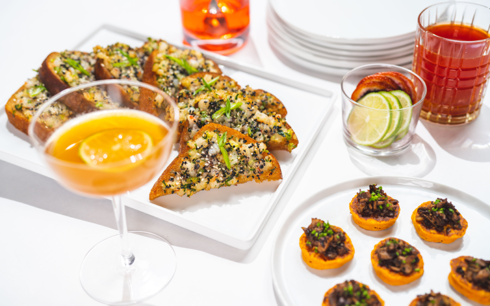 Holiday Apps and Cocktails: Shrimp Toast, Jerk Spiced Mushroom Blinis, Negroni & Daiquiri