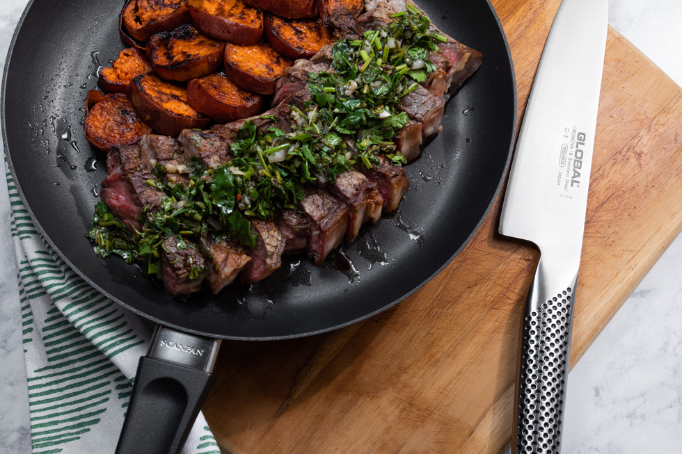 The Perfect Steak with Roasted Sweet Potatoes & Chimichurri