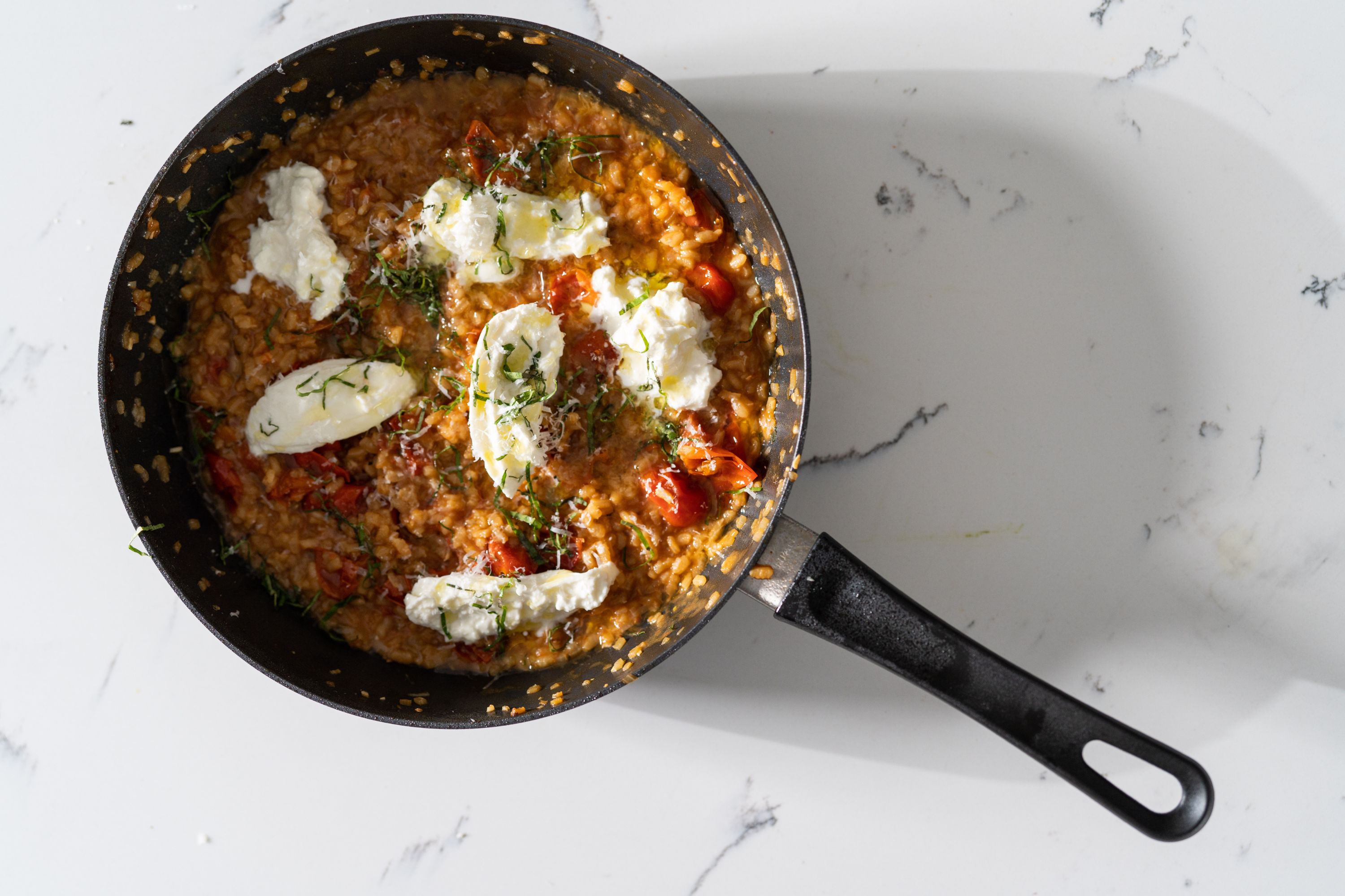 Tomato Risotto with Burrata and Basil 