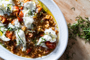 Tomato Risotto with Burrata and Basil 